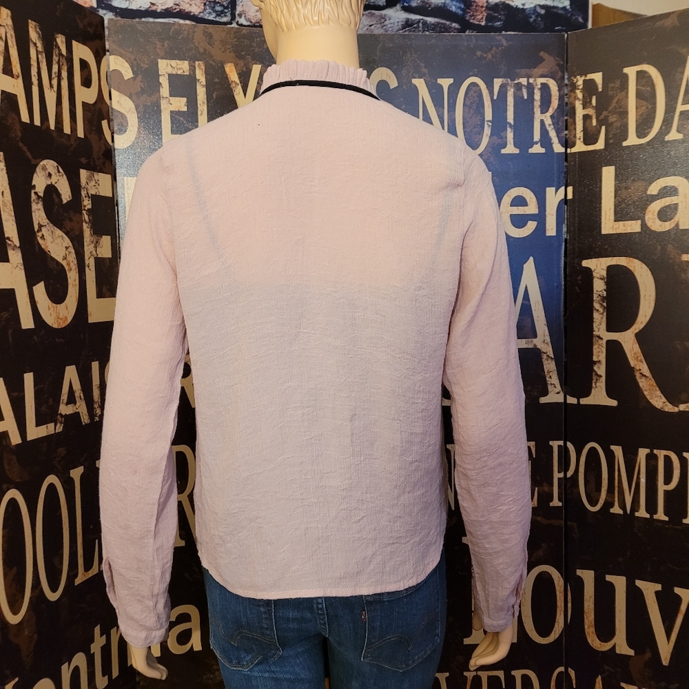 Zara Sheer Long Sleeve Peasant Blouse With Tie Front Detail & Cuffed Sleeves - Picture 2 of 5